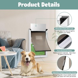 Dog Door, Pet Door, Inner Frame for Large Dog and Pets, Easy to Install, 2-Way Locks, Durable Frame Doggy Door for Door, Screen & Wall, White Doggie Door (Medium, Aluminum-Silver)