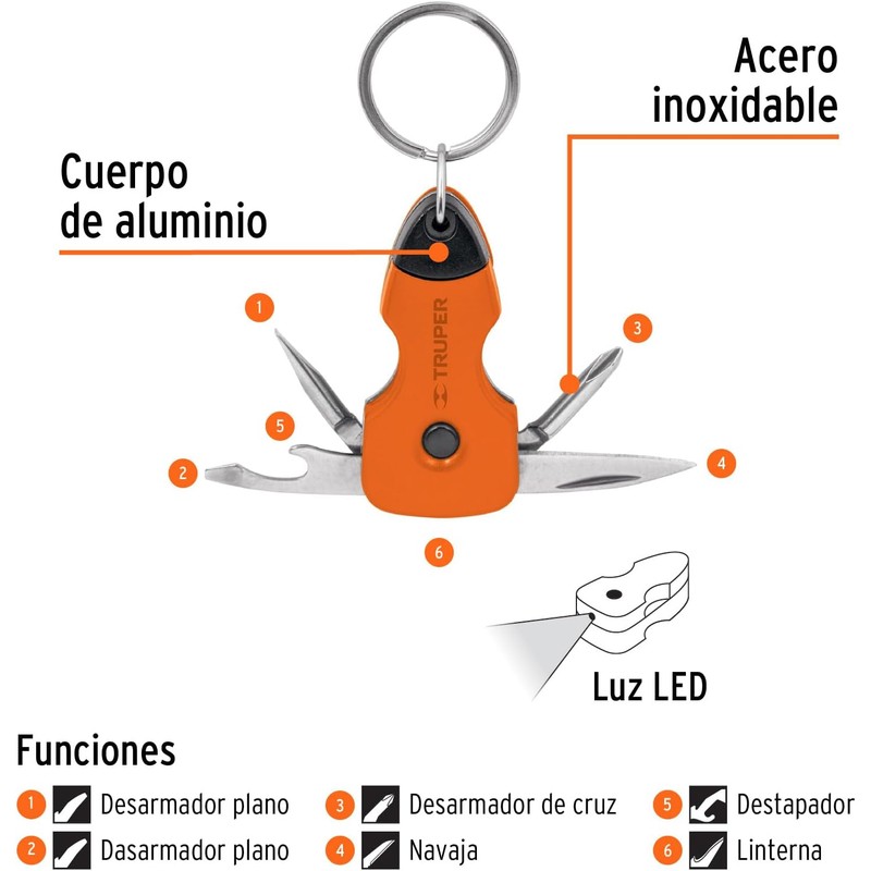 Truper NAMU-LL, Multiherramienta con led, tipo llavero, 6 funciones