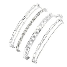 Kysin Chiys 4PCS Set Ankle Bracelets Set for Women Sparkling Crystal Boho Beach Bracelet Chain Adjustable Jewelry for Women Extremely Simple Style - Silver