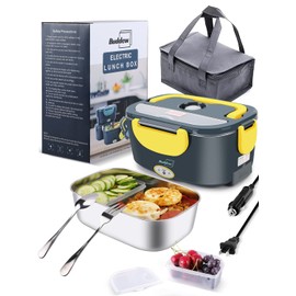 Buddew Electric Lunch Box 80W Food Heater for Adults, 12/24/110V Portable Lunch Warmer Upgraded Heated Lunch Box for Car/Truck/Office with SS Fork&Spoon and Insulated Carry Bag(Yellow)