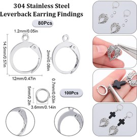SUNNYCLUE 1 Box 180Pcs Earring Findings Kit 80Pcs 304 Stainless Steel Leverback Earring Hooks 100Pcs Open Jump Rings Lever Back Round Huggie Hoops Leverbacks Earrings Clasps for Jewelry Making Kits