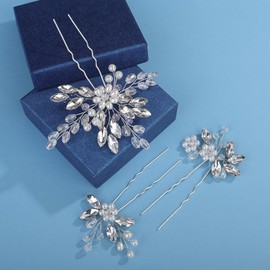Wekicici Crystal Bride Wedding Hair Pins Floral Pearl Flower Hair Pins Silver Wedding Hair Accessories for Women Rhinestone Headpiece Bridal Hair Clips Pins (Silver)