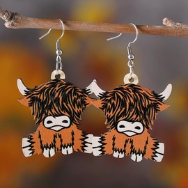 Funny Highland Cow Earring for Women Wooden Cow Print Western Highland Cow Earrings for Cowboy Cowgirl 7080S Retro Costume Party Decoration Jewelry, Wood, No Gemstone