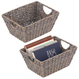 mDesign Set of 2 Seagrass Baskets with Handles - Practical Wicker Basket for Bedroom, Living Room, Bathroom or Hallway - Storage Basket for Household Items Made of Seagrass - Grey