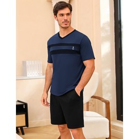 Nieery Mens Pyjamas Short Loungewear Men's Pajamas Set Short Sleeve Soft Cotton Pj's Top and Short for Sleepwear Nightwear with Pockets Navy Blue M
