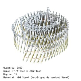 marddpair 1-1/4-Inch x .092-Inch Siding Nails 15-Degree Collated Wire Coil Full RoundHead Ring Shank Hot-Dipped Galvanized 3600 Count for Rough Nailing of Lathing and Sheathing Materials