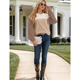 WIHOLL Fall Clothes For Women 2024 Round Neck Long Sleeve Shirts For Women Fashion Waffle Knit Tops Color Block Khaki L