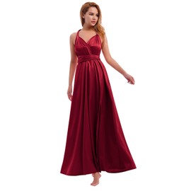 Women Satin Infinity Dress with Bandeau Halter Neck Convertible Bridesmaid Dress with Slit Wedding Guest Multi-Way Dress Long Evening Cocktail Side Split Spaghetti Strap Twist Wrap Dress Burgundy M