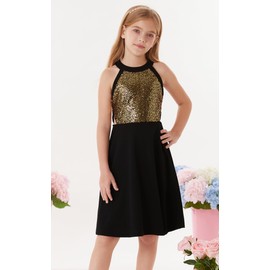 GRACE KARIN Tween Girls Dress Size 12-14 Sequin Shinny Party Dance Dress for Girls Kids Formal Pageant Prom Midi Dress Black Gold
