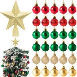 Cinnvoice Mini Christmas Tree Topper with 30 Pcs Mini Christmas Ball Ornament Set 4 Inch Mini Tree Topper Small Star Tree Topper Mini Christmas Ornament Ball for Small Christmas Tree Table Centerpiece