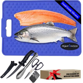 AQUANESIA Fish Fillet Mat Kit 5PCS, Nonslip Fish Cleaning Mat with Fillet Knife that Grips Fish - Food Grade Silicone Durable & Dishwasher Safe Fish Cleaning Board for Anglers, Boat, Camping
