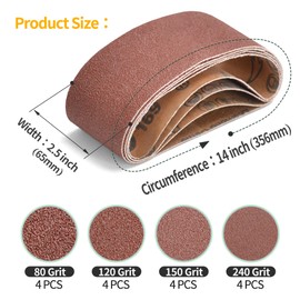 Montemono 16 PCS 2-1/2 x 14 Inch Belt Sander Sanding Belts | 65x356mm Aluminum Oxide Sander Belts 4 Each of 40/80/120/240 Grit Belt Sander Paper for Belt Sander