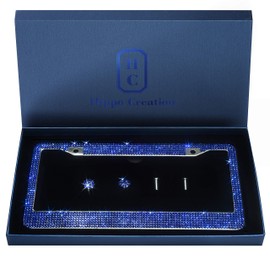 Handcrafted Bling License Plate Frames for Women, Men | 1 Pack Bedazzled Cover with Glittery Screw Caps | Stainless Steel Diamond Rhinestone License Plate Frame/Cover | Giftbox Included (Blue)