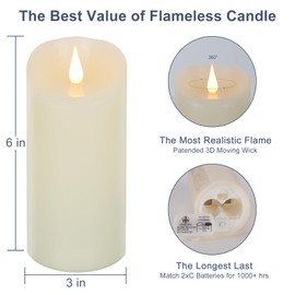 TECHLONG Flameless Candles Flickering 3D Moving Flame, Last 1000+ Hours Battery Operated Candles with Timer, Ivory Real Wax Electric LED Pillar Candles for Home Wedding Decoration | 3" x 6"