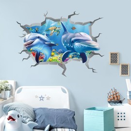 ANHUIB 3D Ocean Wall Stickers,Children's Room Underwater Animal Wall Sticker Decoration,Animal Wall Stickers,Under The Sea Wall Decals for Nursery,Baby Nursery Kids Boys Bedroom Living Room Wall Decor