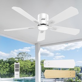 DAMINY 52 inch 5 Blades White Ceiling Fans with Lights,Flush Mount,6CCT, Low Profile Ceiling Fan with Light and Remote Control,DC Motor,Ceiling Fan for Bedroom, Kitchen,Living Room,Indoor/Outdoor Use