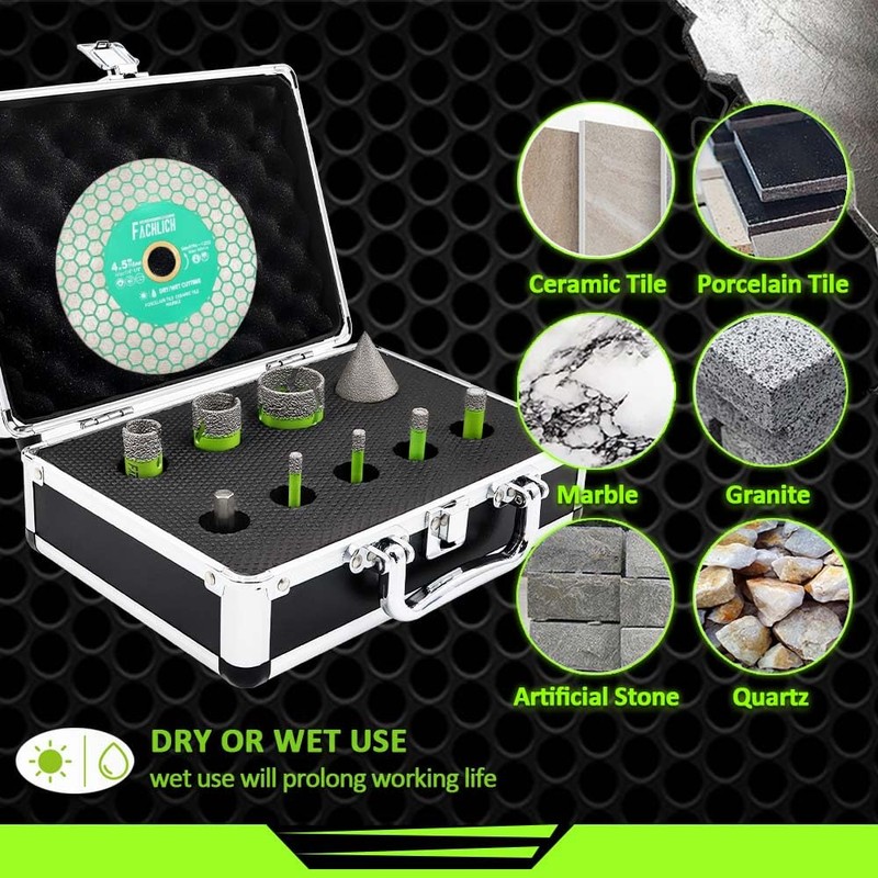 FACHLICH Tile Hole Saw Kit Diamond - (6/6/8/10/20/25/35mm Drill Bits+Chamfer