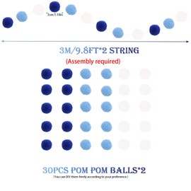 Zwiebeco Blue White Balls Pom Pom Garland Ornaments for Birthday Wedding Festival Baby Shower Party Kids Room Nursery Classroom Office Home Tree Fireplace Wall Hanging Decoration Supplies
