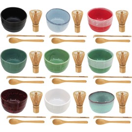 BambooMN Brand - Matcha Green Tea Whisk Set - Whisk + Scoop + Tea Spoon + Blue Green Bowl