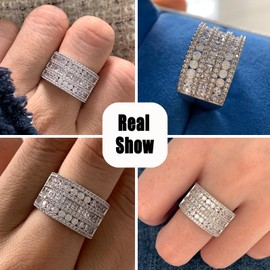 Blongme Wide Wedding Bands for Women 18K White Gold Plated 3 Row Round Princess Cut AAAAA Cubic Zirconia Eternity Stackable Fashion Cocktail Rings Size 5