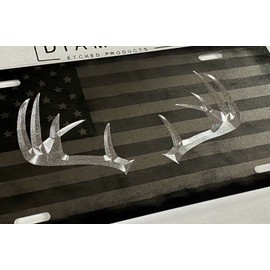 Engraved Deer Antlers Combo Laser US Flag & Diamond Etched Car Tag License Plate