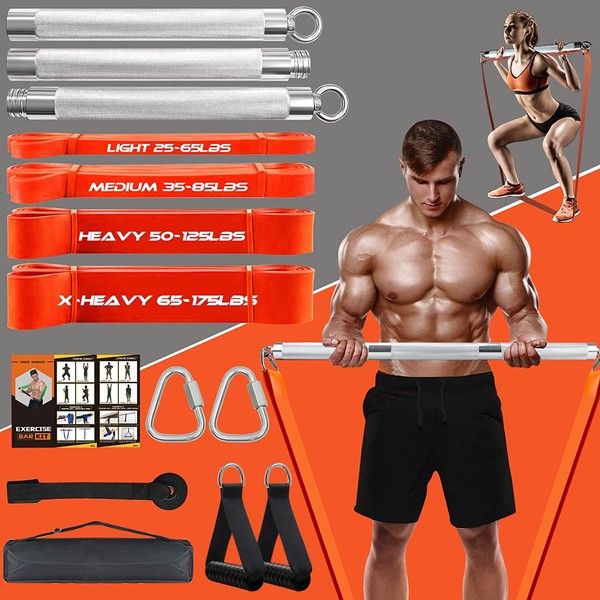 Portable Extra Heavy Home Gym Resistance Band Bar Set with 4 Stackable Resistance Bands,Detachable Full Body Workout Equipment Exercise Bar Kit,500LBS Longer Bar with Bands,Workout Guide Included