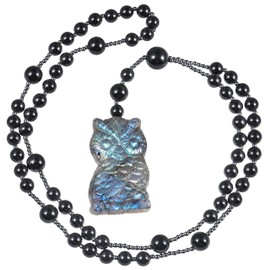 KYEYGWO Natural Labradorite Owl Necklace with Long Beads Chain, Carved Crystal Stone Amulet Pendant Jewellery for Men Women