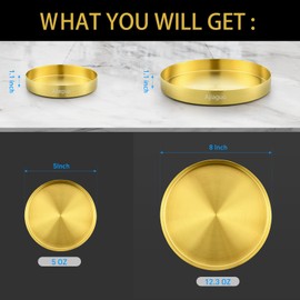 Gold Tray Round Serving Platter - Metal Decorative Plate for Bar Club Lounge Coffee Table Centerpieces Perfume Vanity Jewelry Display Cosmetic Storage Counter Bathroom Organizer (5" W+ 8" W 1.1" H)