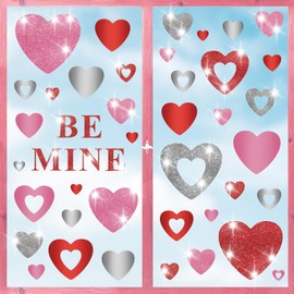 Quera Glitter Valentine's Day Window Clings Stickers Heart Double-Sided Love Heart Window Decals Red Pink Silver PVC Stickers for Home Wedding Anniversary Party Supplies
