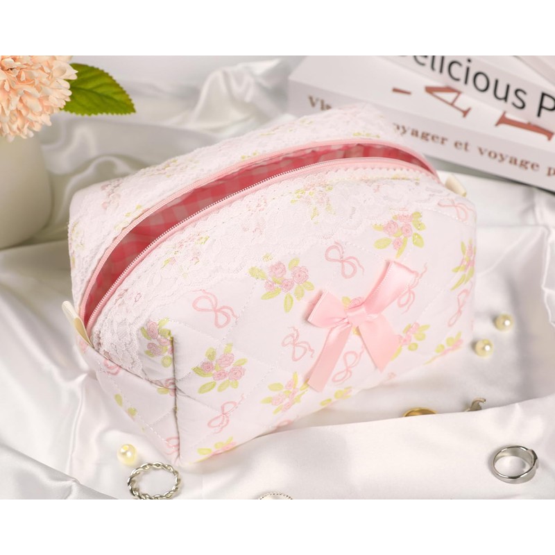 Quilted Makeup Bag Small Cotton Floral Cosmetic Makeup Bag Organizer,