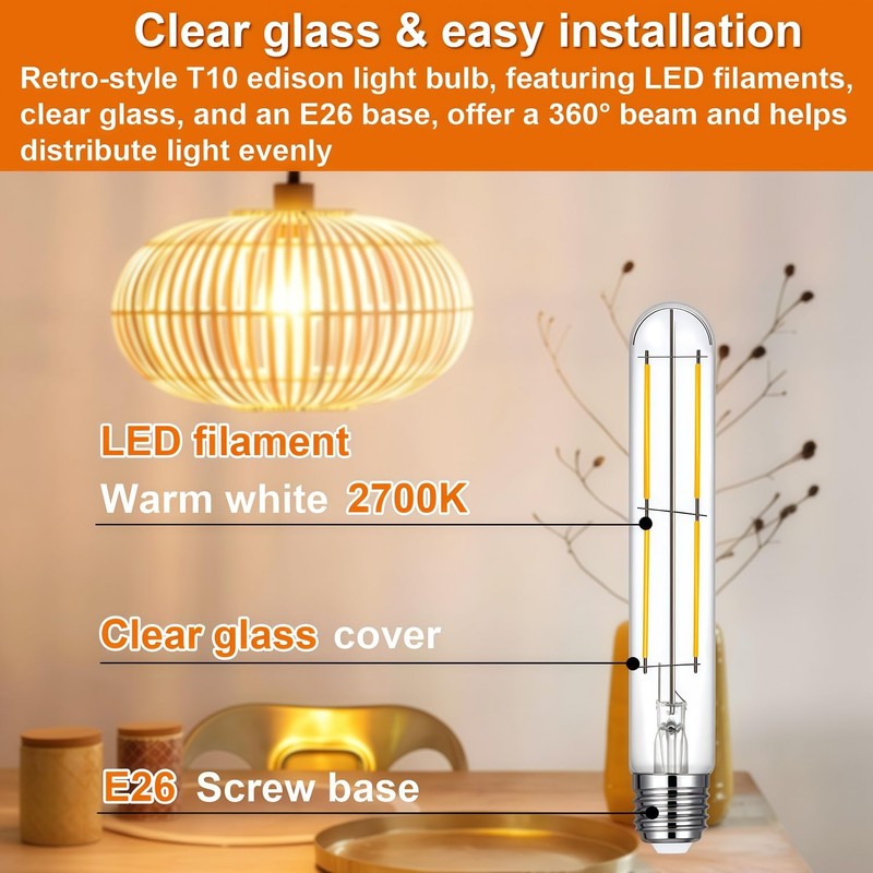 Vinaco 7.3 Inch E26 T10 Tube Bulb Dimmable, 6 Pack