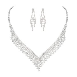 Unicra Silver Bride Wedding Jewelry Sets Crystal Bridal Necklace Earrings Set Rhinestone Costume Jewelry Set Prom Choker Necklace for Women and Brides