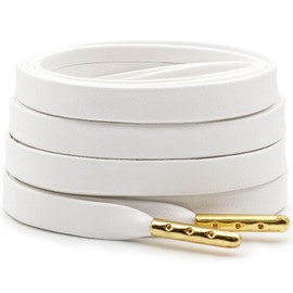 DELELE Flat PU Leather Laces: Waterproof Shoelaces for Sneakers Boot 2 Pair White With Gold Aglet 47 inch