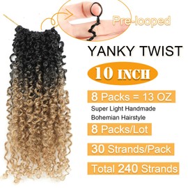 Aksice 10 Inch Pre-looped Yanky Twist Crochet Hair 8 Packs 30 Strands Pre-twisted Passion Twist Crochet Braids Hair with Curly Crochet Hair Senegalese Twist Braids (1B/27#)