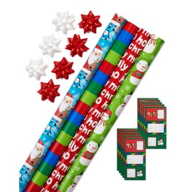 American Greetings 120 sq. ft. Kids Christmas Wrapping Paper Set, Santa, Snowmen, Stripes and Christmas Text (4 Rolls 30 in. x 12 ft., 7 Bows, 30 Gift Tags)