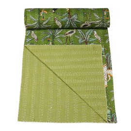 Marubhumi Quilts Handmade Traditional Pure Cotton Jungle Print Kantha Quilt, Animal Printed Bed Cover Reversible, Comforter, Mehandi - King (108 x 108 Inches)