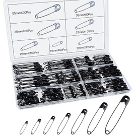 Morcheiong 500 Pack Safety Pins, 7 Assorted Safety Pins, Safety Pins Bulk, Rust-Resistant Nickel Plated Pins Nickel for Sewing, Clothes, Craft Arts (Black