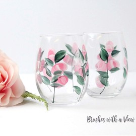 Blushing Blossoms: Hand-Painted Pink Rose Bud Stemless Wine Glasses - Set of 2 - Mother's Day Gift Idea