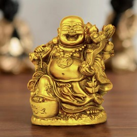 Tied Ribbons Laughing Buddha Statue for Good Luck | Resin, Golden | 5 Inch | Buddha Idol for Home, Living Room, Office, Table, Wealth, Buddha Decor | Feng Shui Buddha Statue Indoor