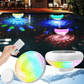 QOLNBY Solar Pool Chlorine Floater, USB Rechargeable Floating Pool Lights, 2600mAh 6.69” IP68 Waterproof Floating Chlorine Dispenser,13 Color Modes Adjustable Release Solar Chlorine Floater 4 Pack