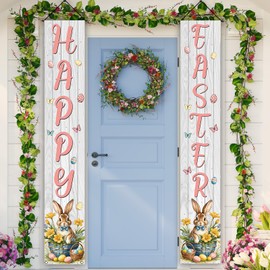 Happy Easter Porch Banner Wood Board Bunny Rabbit Easter Eggs Flower Front Porch Welcome Sign Easter Spring Summer Party Decorations and Supplies for Home-12×71''