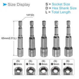 CoCud Quick Change Nut Setter Driver Bit 6/7/8/9/10mm Metric 65mm Long 1/4" Shank CR-V Magnetic Straight Shank Setter Drill Bit - (Application: Automotive Repair) - 5pcs