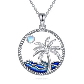 POPLYKE Palm Tree Necklace Sterling Silver Moonstone Ocean Wave Beach Pendant for Women, Sterling Silver, Moonstone