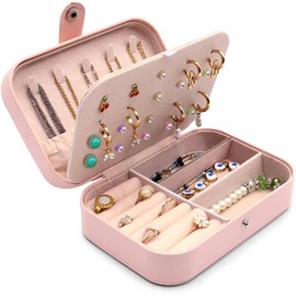 Raganet, Estuche Joyero Portatil, Alhajero de Organización con 2 Compartimientos Separados, Organizador Alajero para Aretes, Pulseras Anillos y Todo Tipo de Joyas (Rosa)
