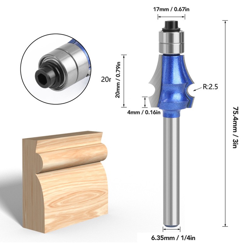 Router Bit 1/4 Shank R2.5 Dual Bearing High Hardness Tungsten