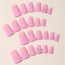 24 Pcs Pink French Tip Press on Nails Duck Fake Nails Glitter Bow Heart Nails Design Reusable False Nails Duck Acrylic Nails Press ons Full Cover Glue on Nails for Women