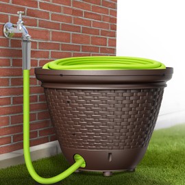 Outdoor Hose Storage Pot, Decorative Wicker Style, Fits 100-400 ft Hose, with Drainage System, Java Color, Assembly Required