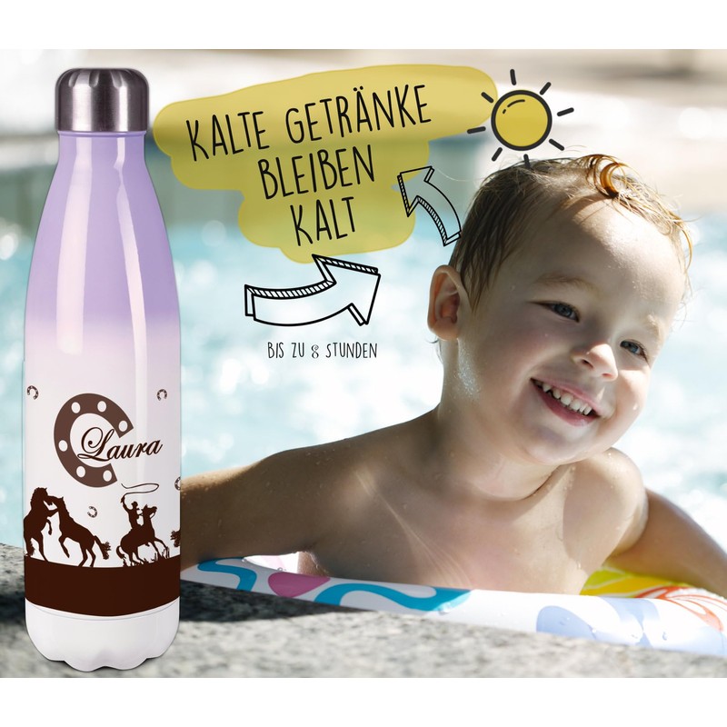 CreaDesign, Children's Stainless Steel Drinking Bottle, Horses, Brown, Purple, Thermal