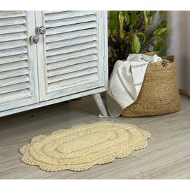 Chardin home Light Yellow Crochet Bathrug, 100% Cotton Oval bathmat with artisanally Handcrafted Crochet Border, 17x24 Inch Oval tubmat, Small Rug, Perfect for Half Baths, Powder Rooms, bathrooms