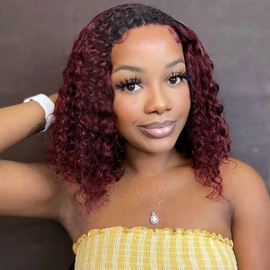 Colorful Queen Curly Lace Front Wig Curly Wigs for Black Women Synthetic Lace Front Wig 14 Inch Short Glueless Kinky Curly Wigs Ombre Burgundy and Black Deep Wave Wig